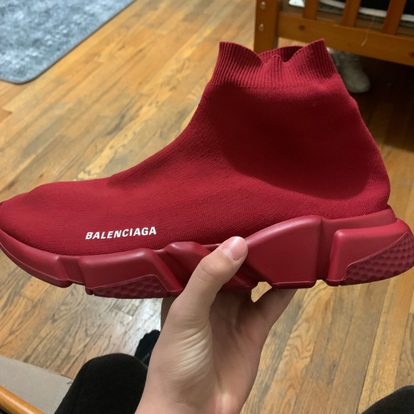 all red balenciaga speed trainers